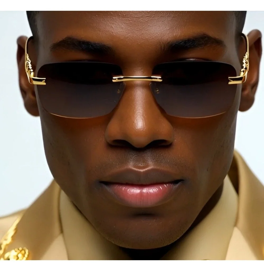 Men Rimless Brown Lens Gold Sunglasses Metal Leopard Sophisticated Hip Hop Style